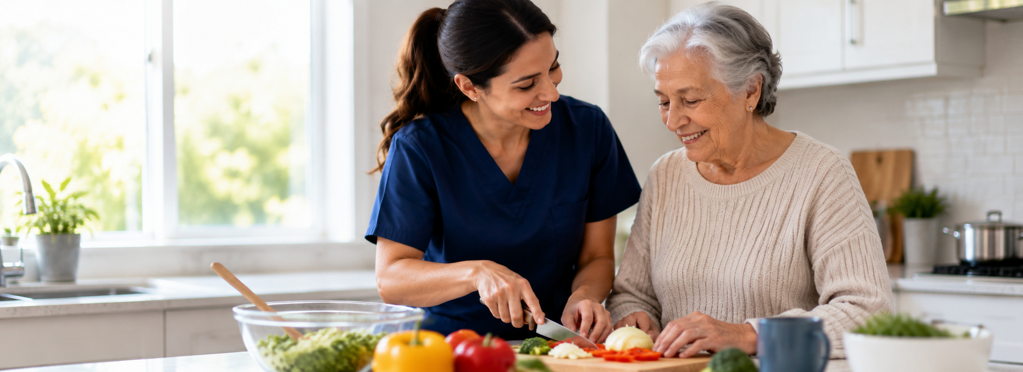 Home caregiver helping elderly woman prepare a nutritious meal in Edinburg TX